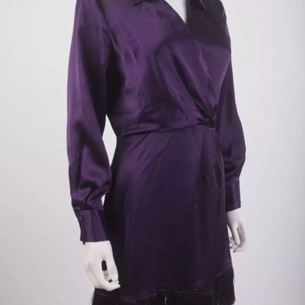 ZARA WOMENS FRINGED WRAP DRESS S PURPLE SATIN EFFECT LONG S SLEEVE 2081 845 654 - Picture 3 of 4